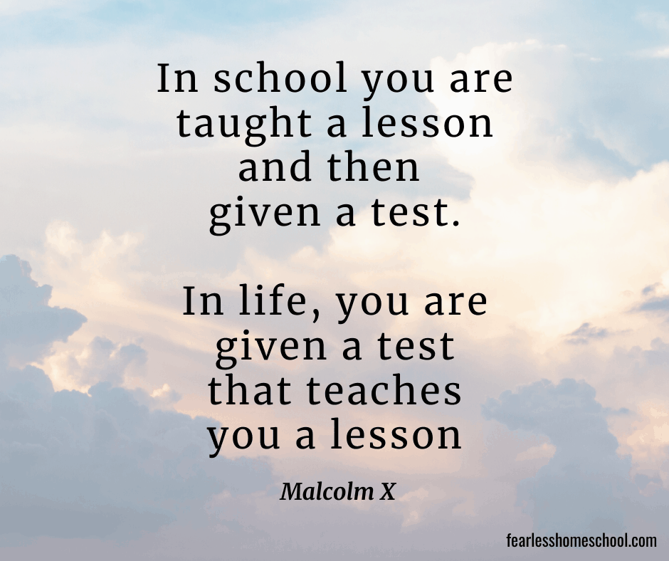 In school you are taught a lesson
and then given a test. 
In life, you are given a test that teaches you a lesson. 
Malcolm X quote on Fearless Homeschool.