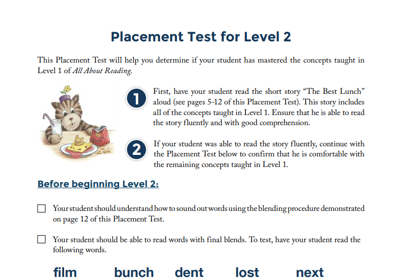 All About Reading Level 2 placement test